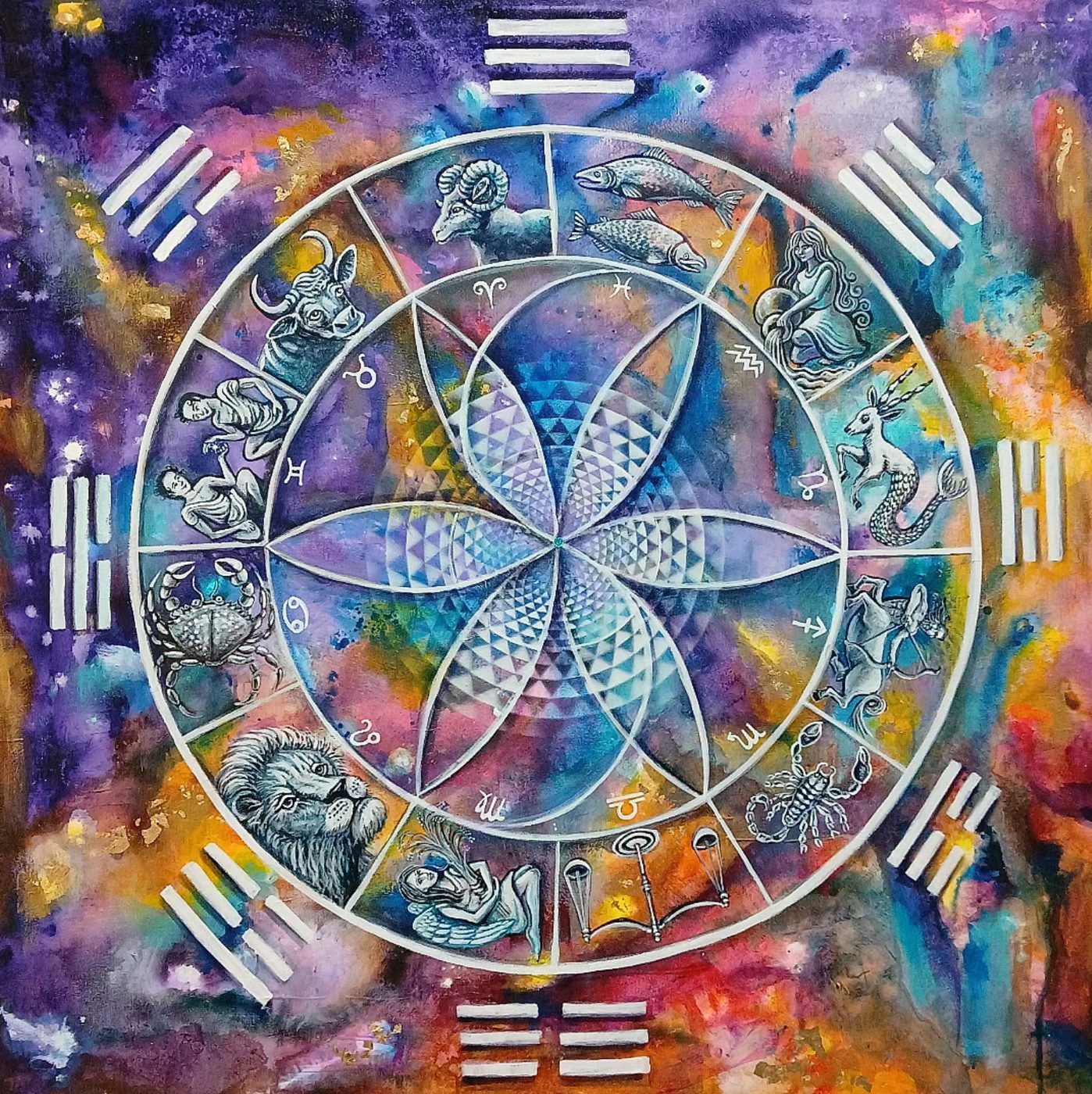 A geometric mandala painting by Joe Riso and Jessica Lynn
Clark