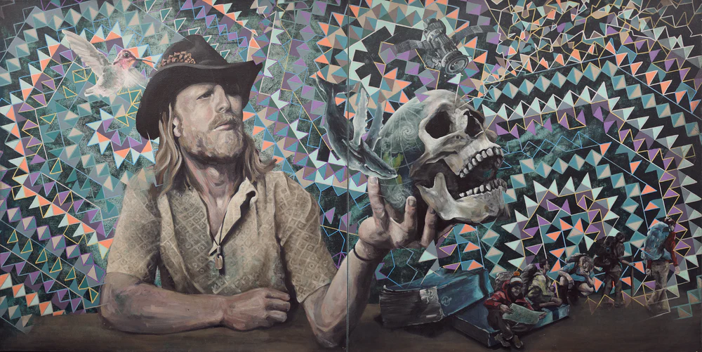 Acatalepsy, a portrait of a man holding a skull surrounded by geometric
pattern