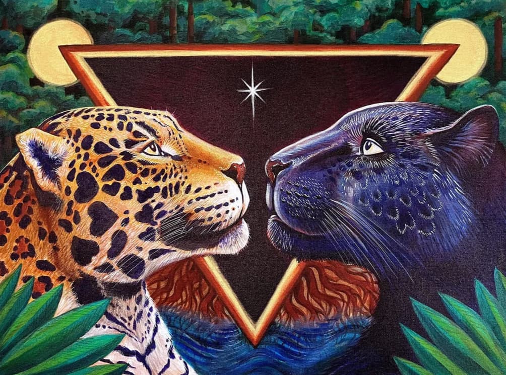 Dual Panther, a symmetrical painting of two big cats facing each other