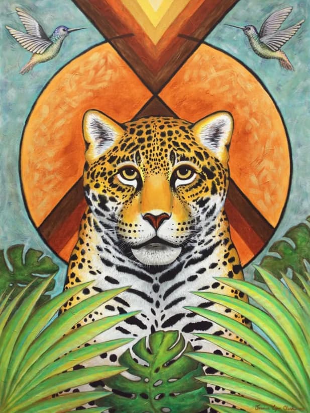 Jaguar Guardian, a painting of a jaguar against an orange sun and green
foliage