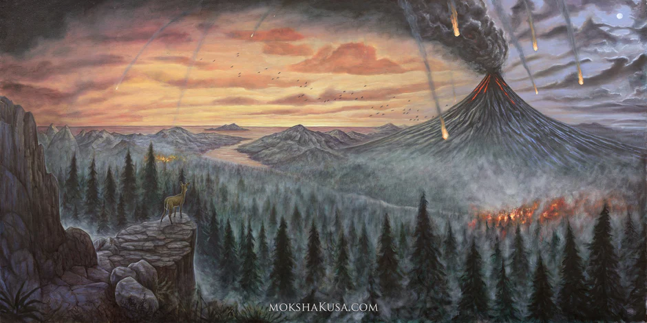 The Observer, a painted landscape of forest and mountains at dusk