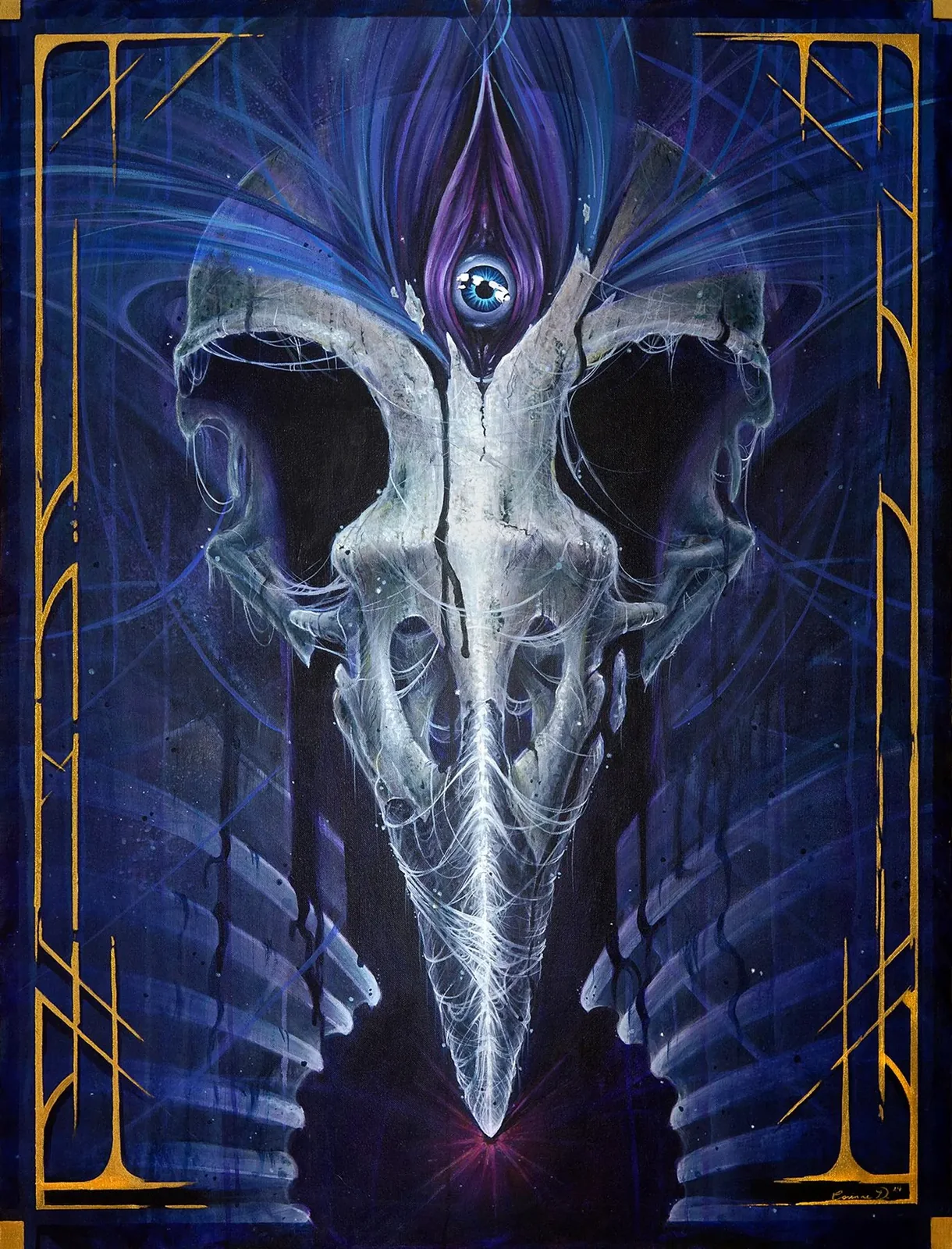 A blue and white painting of an animal skull rendered in fine line work