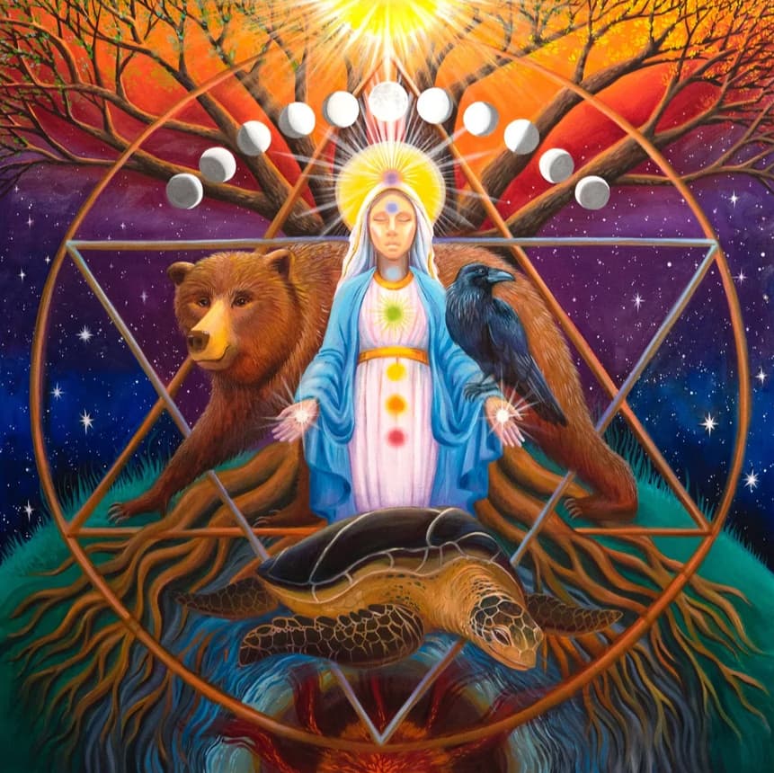 A figure flanked by two bears beneath a halo of moons and geometry
