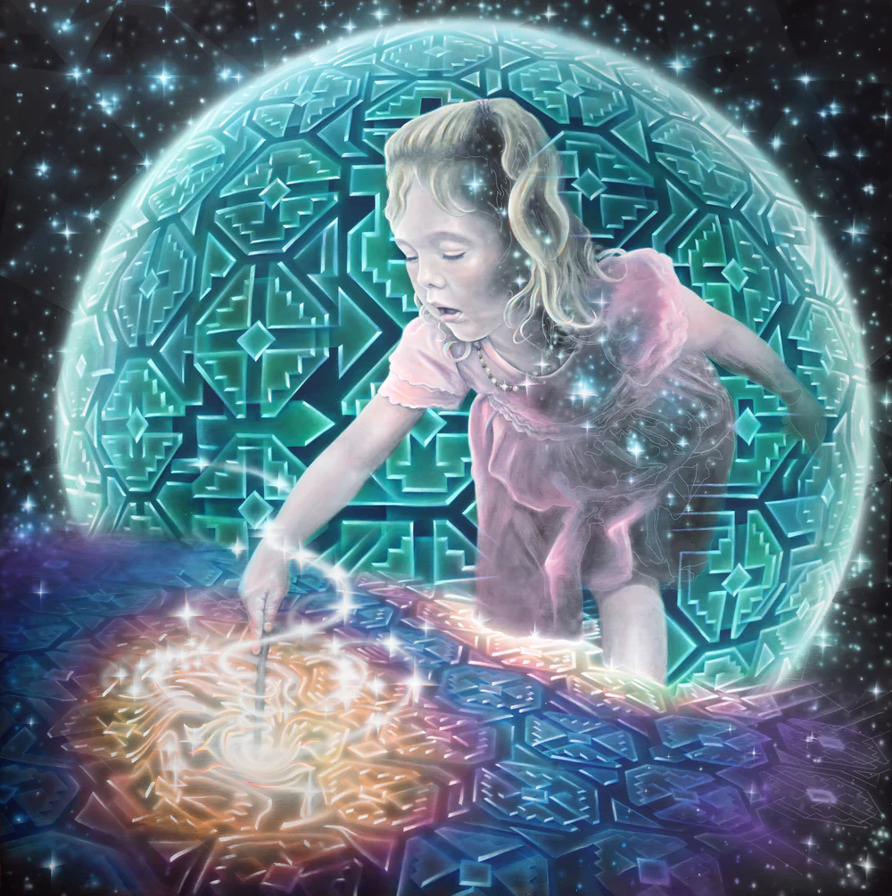 Young Sorceress, a child conjuring light inside a glowing sphere
